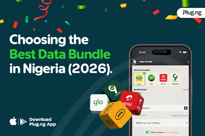 The image shows a smartphone displaying the app interface for MTN, Glo, Airtel, and 9mobile alongside app store download buttons.